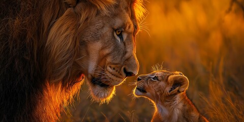 A majestic lion gazes at its playful cub in the warm glow of sunset, highlighting their strong bond in the savanna.