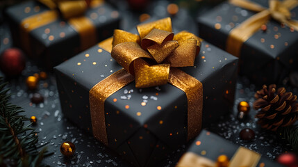 Dark-toned wrapped gift with yellow ribbon and decorative acorns. Elegant present featuring autumnal accents. Concept of sophisticated gift-giving, seasonal celebrations, and nature-inspired decor.