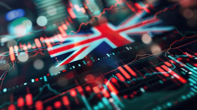 British flag overlaid with digital financial graphs and charts in a dynamic, colorful composition. Concepts of finance, economics, and Stock Market.