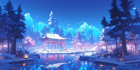 Fototapeta premium Majestic Ice Sculpture Wonderland: Enchanting Anime-Style Winter Fantasy in 2025 New Year Celebration. Illuminated Frozen Masterpieces Create Magical Nocturnal Scenery for Creative Marketing, Game Ill