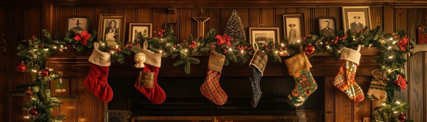 Classic Christmas mantelpiece decorated with vintage stockings, pine garlands, and antique family photos, with a roaring fire below 