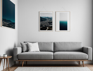 Fototapeta premium Modern Living Room Interior With Stylish Couch and Framed Pictures in Minimalistic Design