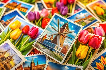 Obraz premium Colorful arrangement of vintage Dutch postal stamps showcasing iconic Amsterdam landmarks and cultural symbols, such as windmills and tulips, against a blurred background.