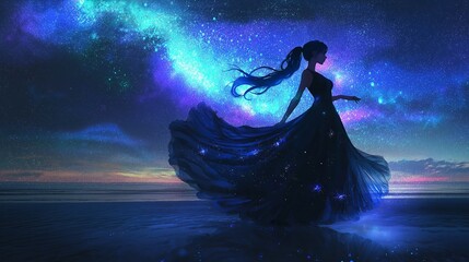 A princess twirls gracefully on the shore, surrounded by a shimmering cosmic display as twilight descends.