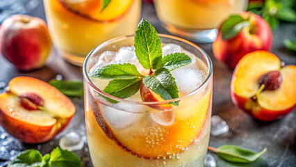Fresh Peach Bellinis with Mint Garnish on Rustic Table
