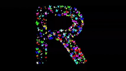 Beautiful illustration of English alphabet R with colorful butterflies on plain black background