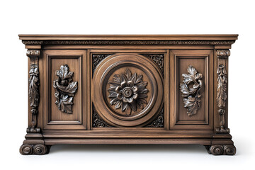 Fototapeta premium Vintage wooden sideboard with drawers and cabinets isolated on white