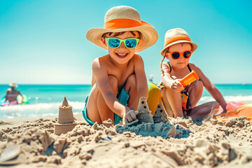 Children building sandcastles on a sunny beach. Generative AI