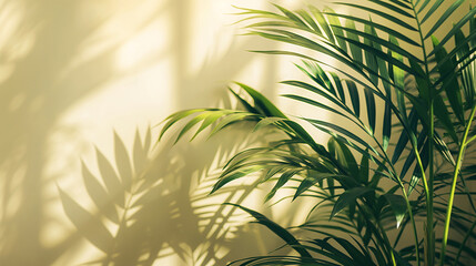 Fototapeta premium The palm leaves and shadows cast on light cream beige wall in minimalist aesthetic style with soft natural lighting background.
