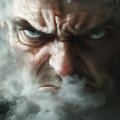 Fototapeta premium Face with steam coming out of the nose, looking angry 