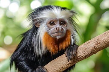 Adorable cotton-top tamarin monkey on tree branch