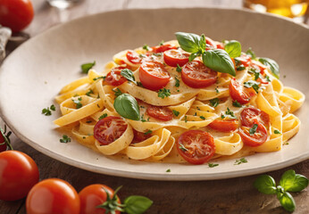 Delicious Homemade Fettuccine Pasta With Fresh Tomatoes and Basil On A Rustic Table