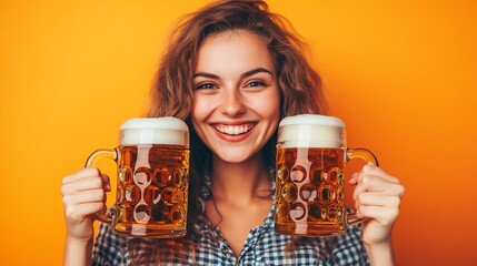 Happy young woman in traditional German dirndl holding two large beer mugs full of fresh beer smiling and being cheerful looking at the camera isolated on festive yellow trendy background copy space