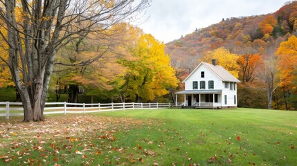 Obraz premium A red barn and white house sit on a farm with a large field in front of them