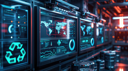 High-tech control room with multiple monitors displaying world maps, futuristic data, and charts. Concepts of technology, cybersecurity, and global network management.