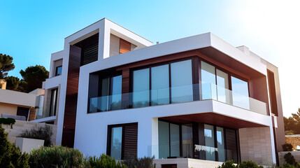 Obraz premium Beautiful modern house with large windows. Minimalist architecture with clean lines and a contemporary design 