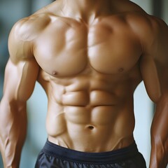 Fototapeta premium Muscular Male Abdominals on Plain Background Showcasing Fitness and Physique