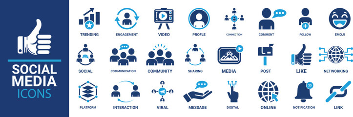 Social media icon set. Containing like, message, profile, social network, video, comment, sharing, media and more. Solid vector icons collection