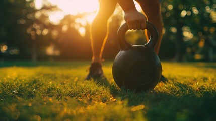 A person performing an outdoor kettlebell workout during sunset,