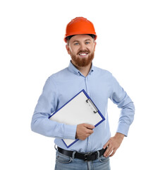 Engineer in hard hat with clipboard on white background