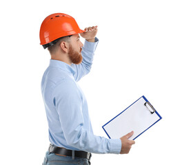 Engineer in hard hat with clipboard on white background