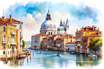 hand drawn watercolor painting of Venezia the city on water. Landmark painting with buildings, house, cathedral, basilica santa maria, grand canal, gondola, blue water and bright sky
