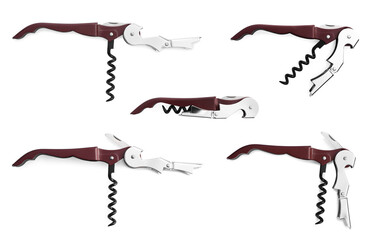 Collage with corkscrew (sommelier knife) on white background