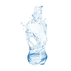 Splashing water continuing shape of bottle on white background