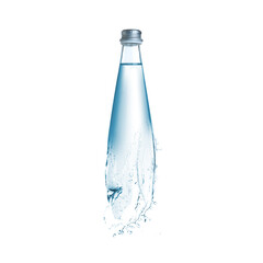 Splashing water continuing shape of bottle on white background