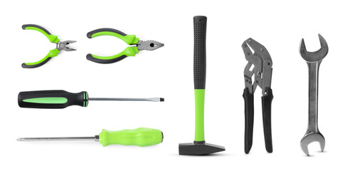 Set of different construction tools on white background