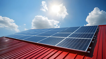 Solar panels on the roof, blue clouds on sky
