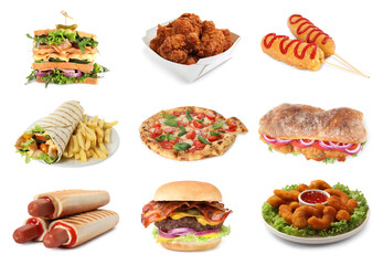Collage with different tasty fast food on white background