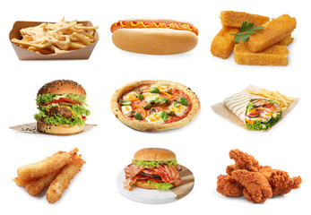 Collage with different tasty fast food on white background