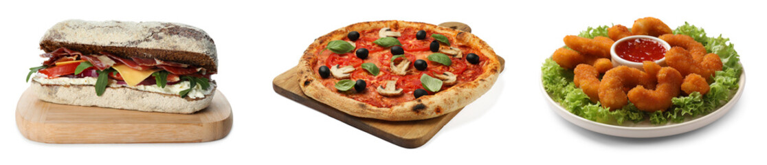 Fast food. Collage with delicious pizza, sandwich and fried shrimps on white background