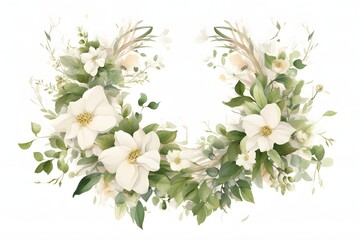 Fototapeta premium Wreath of white flowers and green leaves
