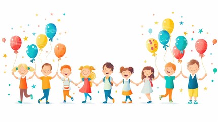 A lively illustration of a group of children holding hands and balloons, celebrating together. The vibrant image emphasizes unity, joy, and the carefree nature of childhood.