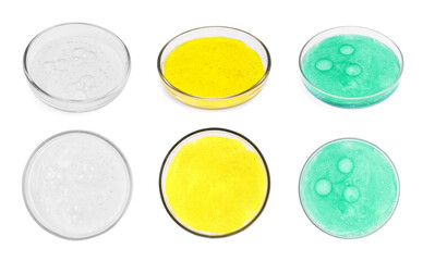 Set of Petri dishes with liquid samples on white background, top and side views