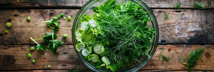 Vibrant salad featuring spring onions, lettuce, dill, and pea tendrils in a glass bowl on a rustic wooden surface.