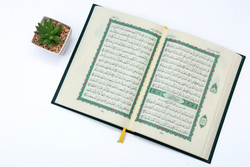 a hand pointing to the Muslim holy book al quran surat al khafi isolated on a white background with plants