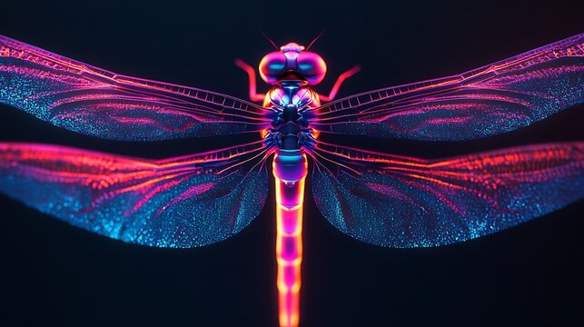 Neon Glowing Dragonfly in Vibrant 3D Render on Black Background