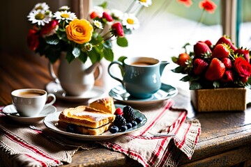 A plate of food and a cup of coffee on a table, perfect for a morning meal or office setting