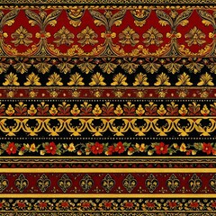 A bold striped pattern featuring red, black, and gold hues