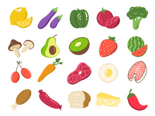 Fruit, vegetable icons set. Fresh healthy vegetarian food bundle. Berries, mushrooms, cabbage, broccoli, organic vegan products, veggies. Flat graphic vector illustrations isolated on white background