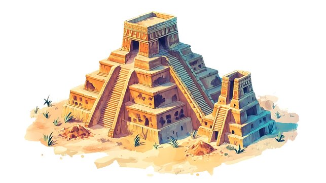 Mystical Mesopotamian Ziggurat Trio in Isometric Watercolor Fantasy