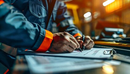 Fototapeta premium Person working on desk with pen and document paper construction concept 