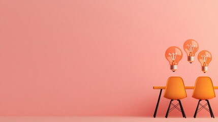 Creative workspace with orange chairs and light bulbs, symbolizing ideas and inspiration on a pink wall background.