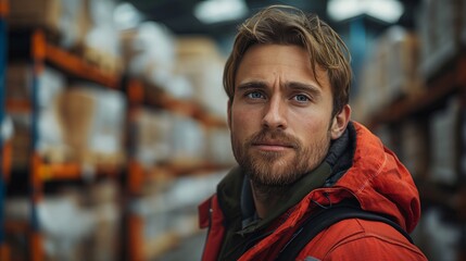 Fototapeta premium Close-up Portrait of a Bearded Young Man in a Red Jacket Standing in a Warehouse with Shelves in the Background, Serious Expression, Logistics and Work Concept