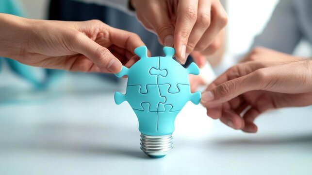 Hands assembling a blue puzzle piece shaped like a light bulb, symbolizing creativity and teamwork to solve problems.