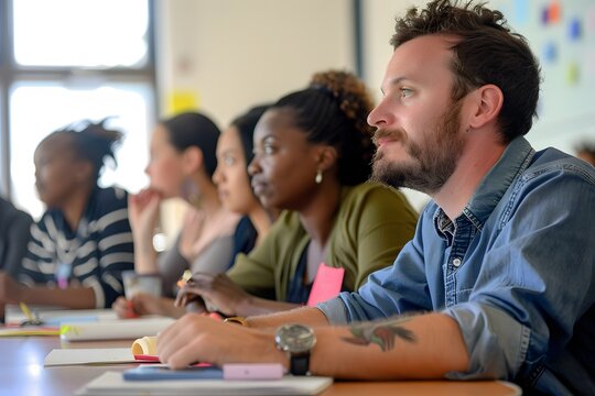 A man with a beard and tattoo sits in a classroom with others.