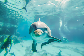 Fototapeta premium Dolphin swimming alongside humans in a marine park, natural daylight, friendly mood. Generative AI